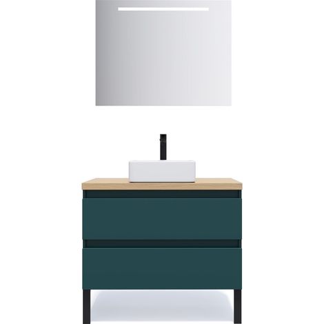 Meuble de salle de bain suspendu vasque à poser 90cm 2 tiroirs Bleu + miroir - Hudson (1/5)