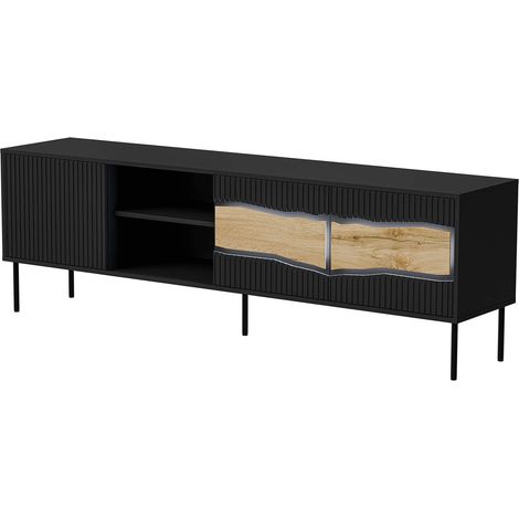 Meuble TV Luvinate, buffet de salon avec trois portes battantes et deux compartiments, avec lumières LED, surélevé du sol, 190x40 h62 cm, noir et nœuds de chêne (1/5)