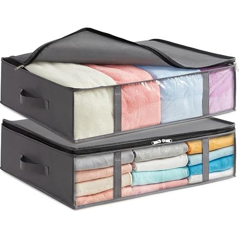 Sacs de Rangement Boite Vetement Pliable Housse Couette Organisateur Placard avec Fenêtre Transparente pour Serviettes Couvertures Gris 40 L (1/5)