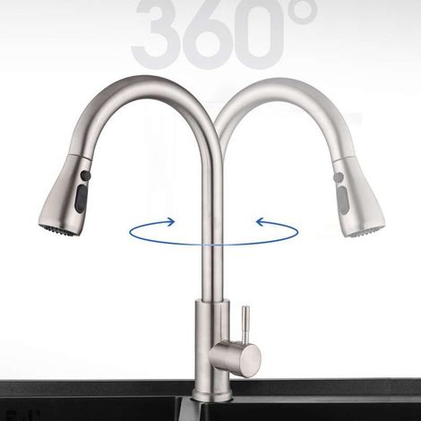 Mitigeur de cuisine rabattable en nickel brossé – 2 jets chaud/froid – Tuyau extensible – Bec rotatif 360° pour lavage facile (1/5)