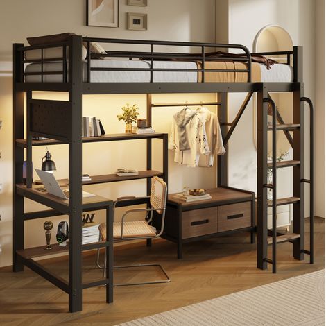 Hochbett 90/200 cm Schwarz mit Schreibtisch, LED, USB und Stauraum (1/5)