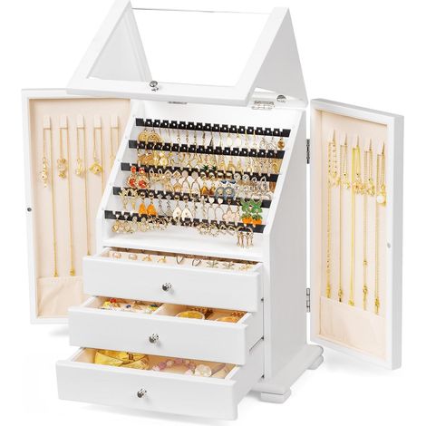 Boîte à Bijoux en Bois, Grande Boîte à Bijoux pour Femme, Organiseur de bijoux à 4 étages,adapté pour colliers, boucles d'oreilles, bracelets et bagues（Blanc） (1/5)