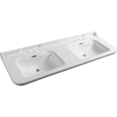 WALDORF Lavabo double en céramique 150x55cm, 6 trous, blanc (1/3)