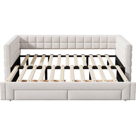 Lit banquette extensible 90 x 200 cm beige en velours avec 2 tiroirs, cadre MDF, sans matelas (1/5)