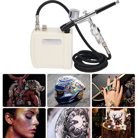 Kit aérographe HS08AC-SKF - Aérographe portable double action et mini compresseur d'air pour maquillage, peinture artistique, tatouage, pâtisserie, nail art, modelage à la bombe, loisirs créatifs, etc (1/5)