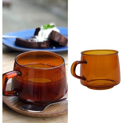 Hochwertige Kaffeetasse aus klarem Borosilikatglas mit Untertasse und Henkel, ideal für den Heimgebrauch. Geeignet für Getränke wie Säfte, Tee, Milch und Wasser. Fassungsvermögen: 350 ml, bernsteinfar (1/5)