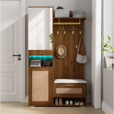 Ensemble d'entrée 110x38x190 cm noyer et blanc en MDF et panneaux de particules avec miroir, LED et banc (1/5)