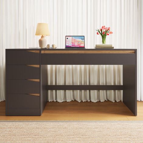 Bureau droit 140 x 50 cm avec 5 tiroirs – Bureau d'ordinateur moderne avec large plan de travail, coiffeuse avec rangements – Pour bureau chambre ou coin étude – Noir (1/5)