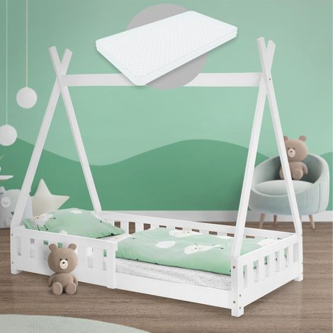 ML-Design Kinderbett Tipi 80x160 cm Weiß mit Matratze, Rausfallschutz und Lattenrost, aus Kiefernholz, Indianer Bett für Mädchen & Jungen, Hausbett mit Zaun, Bodenbett Jugendbett Spielbett Holzbett (1/5)