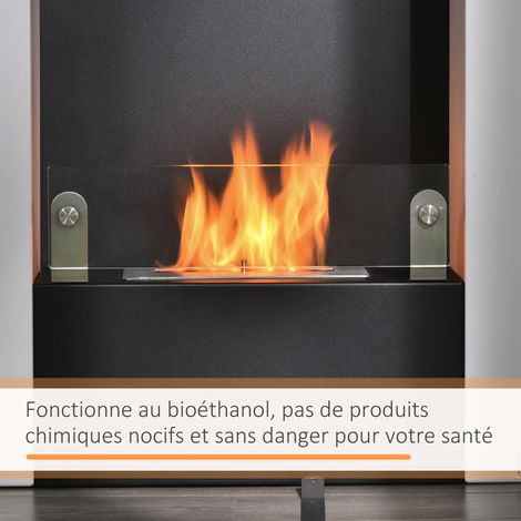 Cheminée bioéthanol - Modèle 0,9L - Design contemporain noir et blanc avec étagère en verre trempé 60x20x79 cm (1/5)