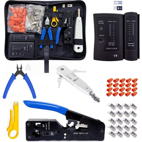 Kit d'outils réseau, pince à sertir Pass Through RJ45 pour Cat5/Cat6/Cat7 avec 20 fiches RJ45, testeur réseau, outil de raccordement LSA, pince à dénuder et kit de réparation pour câbles RJ45 (1/5)