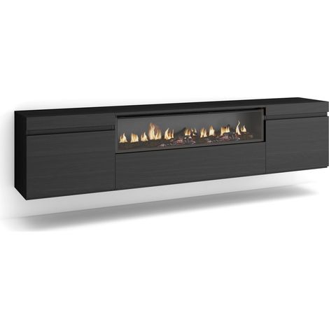 Skraut Home – Meuble TV suspendu noir avec cheminée électrique – Grand espace de rangement 102x45x35cm – Pour TV jusqu'à 80" – Style moderne