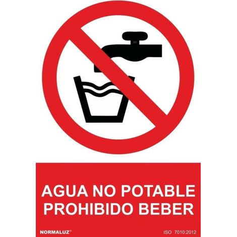Señal de Agua no potable, prohibido beber (texto y pictograma) SEKURECO                         200 x 300 mm                          ADHESIVOS DE VINILO
