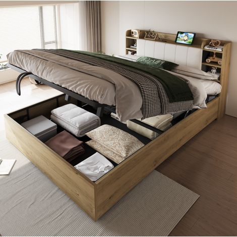 Letto 180x200 cm in MDF color legno, idraulico con testiera contenitore e USB/Type-C (1/5)