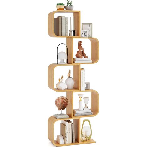 GOPLUS Bibliothèque en Forme de S en Bambou, 5 Niveaux avec Cubes Ouverts, Kits Anti-Basculement, Bibliothèque Etagère de Rangement pour Salon, Chambre, Bureau, Naturel (8 Cubes) (1/5)