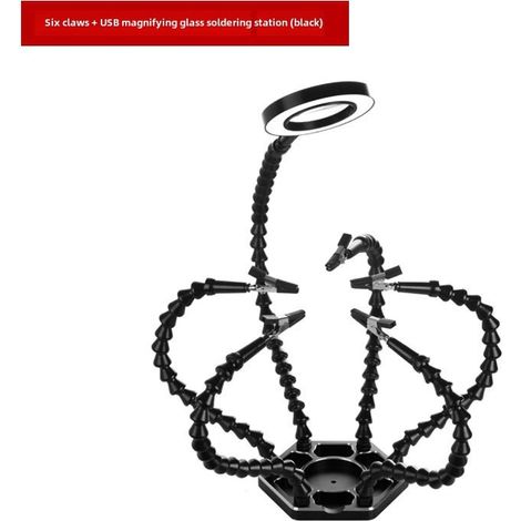 Support de soudage auxiliaire à six griffes universel pour tuyau, base en alliage d'aluminium, station de soudage, fer à souder, console de maintenance (lampe loupe « noire ») (1/5)