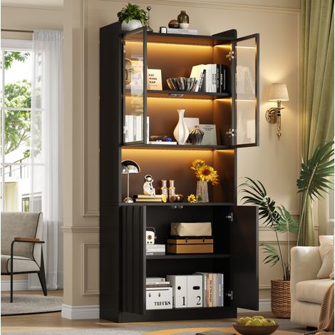 Vetrina alta con LED 80x35x200 cm, 4 ante e ripiani regolabili, nera OKMYHOME (1/5)