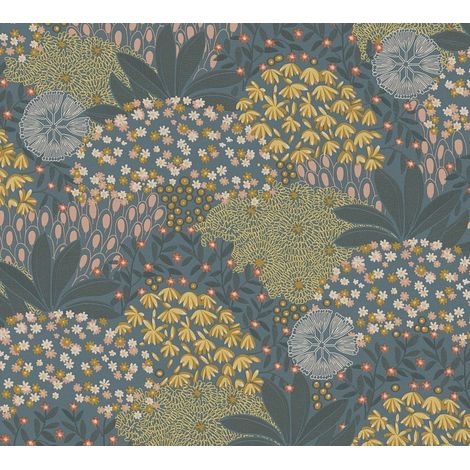 Papel pintado floral Profhome 387404 papel pintado vinílico estampado en caliente tejido non tejido ligeramente texturado con dibujo floral mate turquesa petrol amarillo rosa 5,33 m2 (1/5)