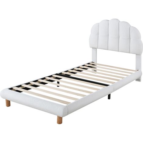 Lit simple 90x200 blanc, lit enfant capitonné et lit pour adolescent en tissu bouclette avec sommier à lattes, hauteur réglable. (1/5)
