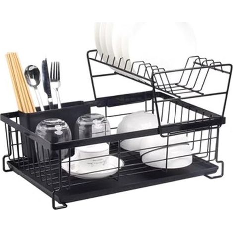 Égouttoir à vaisselle 2 étages en acier inoxydable - Amovible - Pour assiettes, plats et couverts - Étagère de rangement gain de place - Noir (1/5)