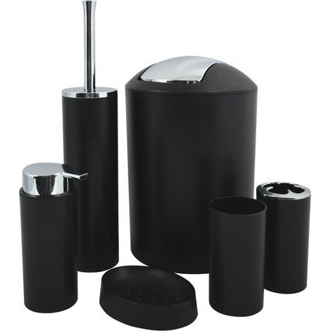 MSV – Ensemble d'accessoires de salle de bain 6 pièces – Gobelet, distributeur de savon, porte savon, porte brosse à dents, brosse WC, poubelle 6L – Noir mat (1/5)