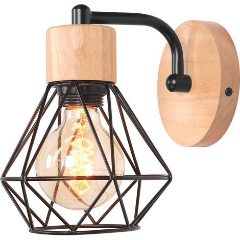 Applique Murale Industriel Rétro Luminaire Murale Diamant Cage Créatif Lampe Murale en Bois et Métal Ø15CM Noir - 1Pcs (1/5)