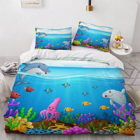 Housse de Couette 140x200 Enfant Dauphin Parure de Lit 1 Personne Microfibre Housse de Couette Poisson Mignon 3D Imprimé Literie Set 3 Pièces avec Fermeture Éclair - 140x200+2x50x75 (1/5)