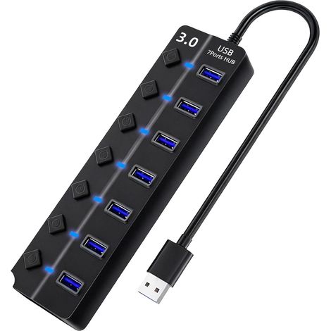 Hub USB 3.0 de 7 puertos con interruptores independientes  Adaptador multipuerto  Hub USB con alimentación de 5 Gbps para transferencia de datos y carga para PC, Mac y Xbox con cable de 30 cm (1/5)