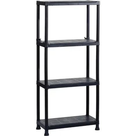 Etagère plastique noire 4 tablettes – Dimensions l.60 x H.135 x P.30 cm – Charge max 20 kg par tablette – Montage sans outil
