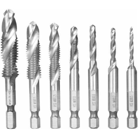 Accessoire pour une perceuse Ensemble de forets et de tarauds combinés 7 pièces filetage métrique HSS M3-M12 outil de foret de taraudage à changement rapide tige hexagonale 1/4 po, Silver (1/4)