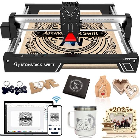 ATOMSTACK Swift 7W Graveur laser pour débutants, découpeuse laser 7000 mW, zone de travail 300 × 300 mm, machine de gravure laser haute précision pour bois, cuir, métal revêtu et acrylique (1/4)