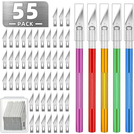 Juego de cuchillos Exacto de 55 piezas, juego de cuchillos para aficionados, incluye 5 cuchillos para aficionados y 50 hojas de precisión (11) para arte, scrapbooking, grabado, bricolaje, decoupage (1/4)