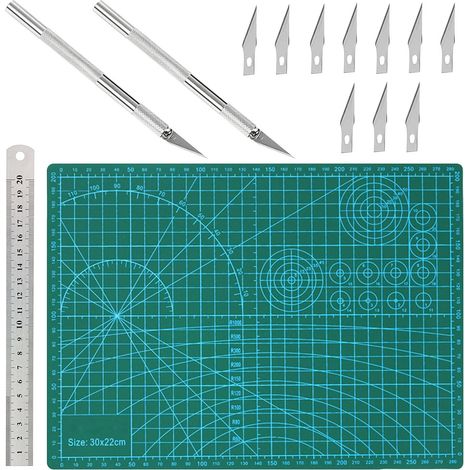 14 Pcs Tapis de Decoupe Set Tapis de Découpe Double Face Tapis Decoupe Tapis de Coupe Autocicatrisant avec Couteaux de Bricolage lames Règle en Acier Cutting Mat pour l'artisanat (A4) (1/5)