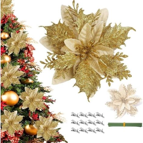 12 pezzi Fiori di stella di Natale, rossi e oro Fiori natalizi decorativi, glitter Fiori natalizi artificiali con clip e steli, giallo