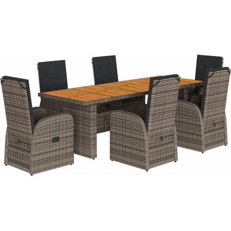 7-tlg. Garten-Essgruppe mit Kissen Grau Poly Rattan vidaXL