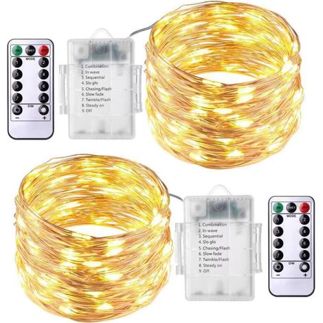 2 x 50Leds Guirlande Lumineuse a Pile,5 mètre Micro Argent Câble 3AA Opération batterie étanche avec télécommande 8 Programme(Blanc Chaud) (1/5)