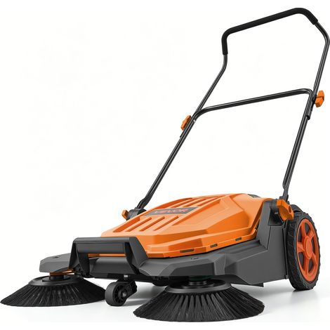 Balayeuse Manuelle à Pousser Balayeuse Mécanique Balayage 65cm Orange, avec Bac à Déchets de 18,9 L, Poignée Pliable Réglable, pour Jardins, Allées, Terrasses et Garages, Non Électrique (1/5)