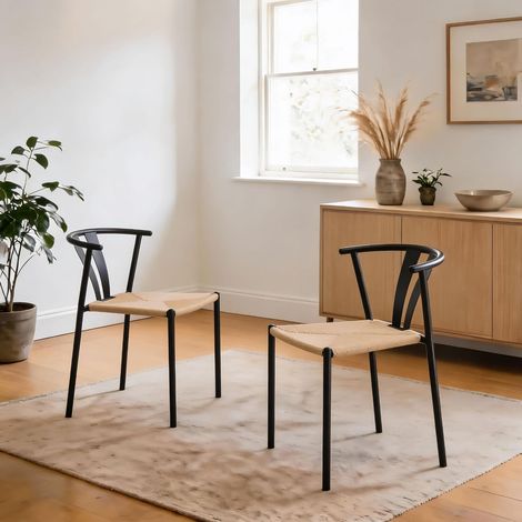 Eira Pair of Black Metal Dining Chairs with Natural Woven Seats Fully Assembled (1/3)