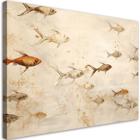 Tableau sur toile boho pour salle de bain spa - Poissons sur fond beige 100x70 (1/5)