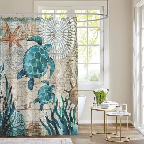 Sollbry Rideau de douche en tissu sur le thème de la plage, tortues de mer vertes nautiques, ensembles de salle de bains, décor océan bleu avec œillets et crochets-180200