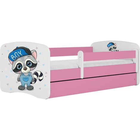 Lit enfant 80x160 cm avec tiroir et barrière avec matelas rose motif Raton laveur (1/5)