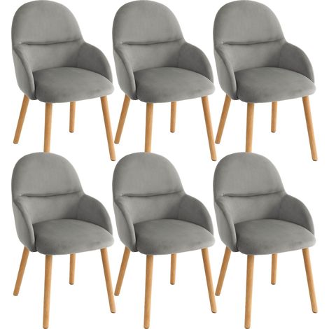GOEURVANT - Set of 6 - Light Grey - Velvet - Ergonomic Dining Chairs with Sloped Arms, Sturdy Wood Legs & 150KG Load Capacity (1/5)