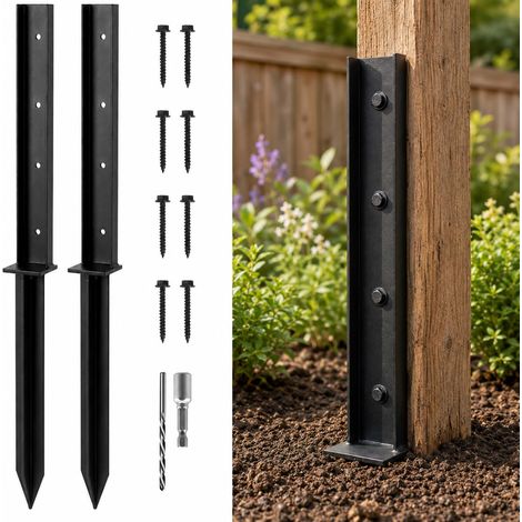 Kit de réparation de poteaux de clôture, 2 piquets de réparation de poteaux de clôture en acier monobloc robustes de 81 cm avec vis et foret pour poteaux de clôture en bois inclinés, cassés ou pourris (1/5)