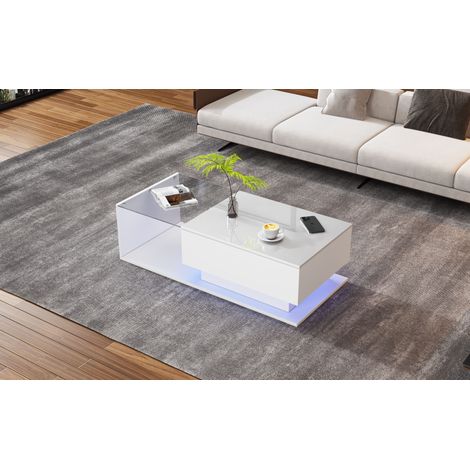Table basse blanc brillant 100x50x32 cm - avec plateau en verre et tiroirs, résistante aux rayures, avec 1 tiroir, éclairage LED, style moderne (1/5)