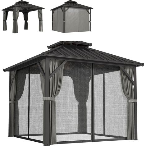 Pavillon 3x3 m à toit dur, cadre alu et double toiture acier galvanisé, gris anthracite