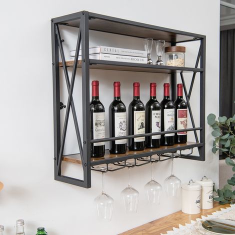 Cave à vin industrielle murale 3 niveaux avec porte-verres et cadre métallique (1/5)