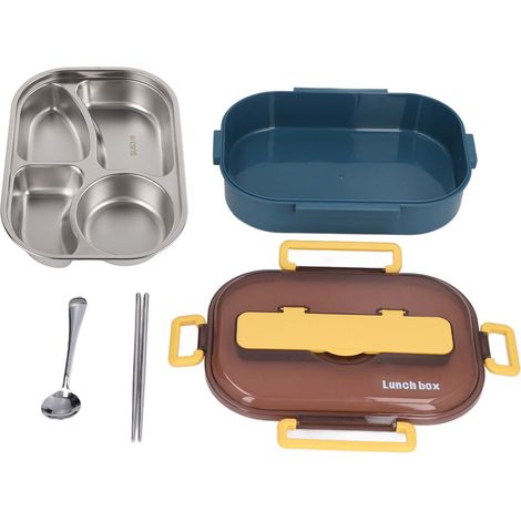 Isolierte 4-Fächer-Lunchbox aus Edelstahl – Ideal für Büro, Schule und Kinder – Blau-gelbes Modell