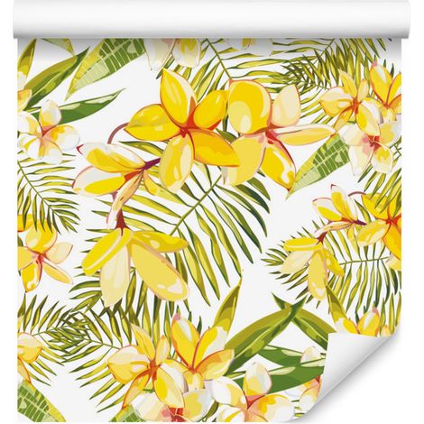 Papel pintado con flores y hojas de palmera para salón y dormitorio, 50x1000 cm. (1/5)