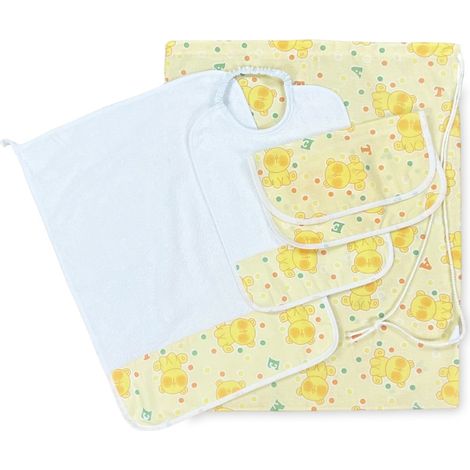ENSEMBLE de maternelle Pierino 4 pièces sac et serviette et bavoir et SACHET dessin teddy ours Jaune