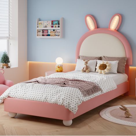 Cama infantil 90x200 cm rosa y blanca en PU con LED, cabecero de conejo y bordes acolchados (1/5)